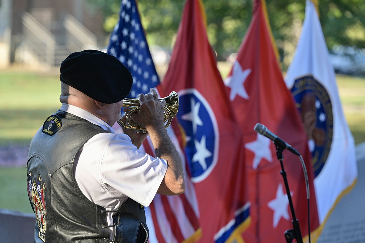 The playing of taps by Robert Aanerud wraps up the 9/11 Remembrance ceremony in September 2023 at the Middle Tennessee State University Veterans Memorial site outside the Tom H. Jackson Building on the MTSU campus in Murfreesboro, Tenn. The public is invited to this year’s 9/11 Remembrance at 7:30 a.m. Wednesday, Sept. 11, in the Miller Education Center’s second-floor atrium at 503 Bell St. in Murfreesboro. (MTSU file photo by Andy Heidt)