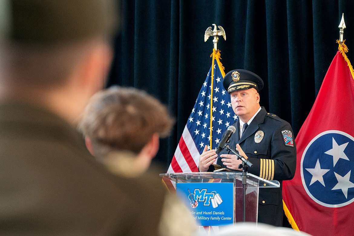 Middle Tennessee State University Police Chief Edwin “Ed” Kaup shares vivid memories of when he and a team from the Chicago Police Department assisted at Ground Zero at the World Trade Center in New York City in the days following 9/11 after U.S. landmarks were attacked by the terrorist group al-Qaida on Sept. 11, 2001. Kaup spoke Wednesday, Sept. 11, during the 10th annual 9/11 Remembrance, held in the Miller Education Center on Bell Street in Murfreesboro, Tenn. (MTSU photo by Andy Heidt)