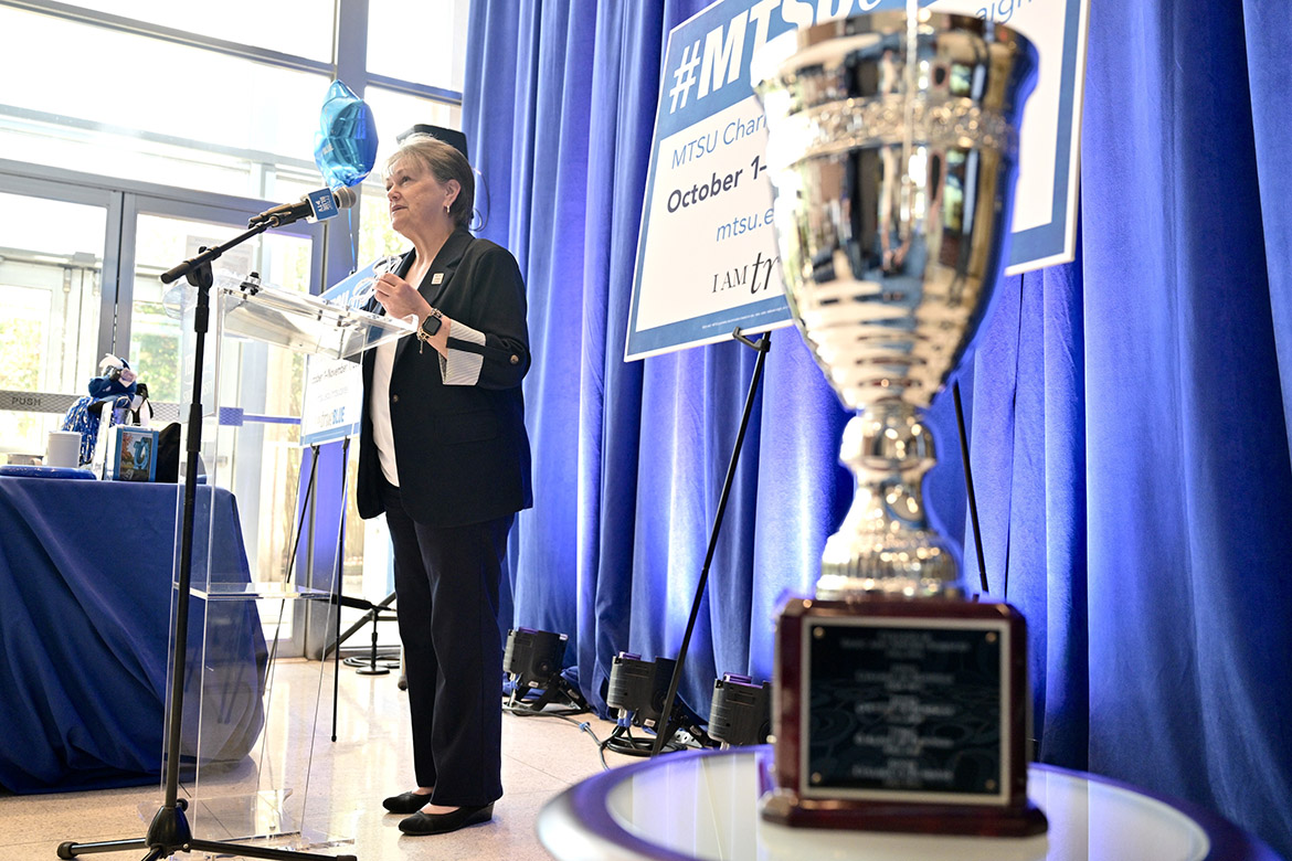 Middle Tennessee State University’s Joyce Heames, dean of the Jennings A. Jones College of Business, shares remarks during the kickoff of the Employee Charitable Giving Campaign on Tuesday, Sept. 24, in the Cope Administration Building lobby in Murfreesboro, Tenn. Heames relinquished the Provost’s Cup, at right, which the Jones College has won for 11 straight years for having the most participation among the academic colleges. This year’s goal for the monthlong campaign is a record-breaking $160,000 to support local nonprofits. (MTSU photo by J. Intintoli)