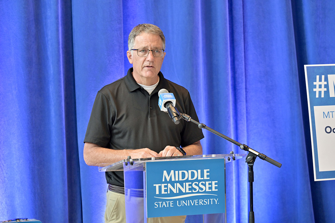 Middle Tennessee State University Provost Mark Byrnes explains the importance of giving in the Employee Charitable Giving Campaign during the campaign kickoff on Tuesday, Sept. 24, in the Cope Administration Building lobby in Murfreesboro, Tenn. Byrnes also encouraged the academic colleges to compete for the Provost’s Cup, which is awarded to the college with the most employee participation. (MTSU photo by J. Intintoli)