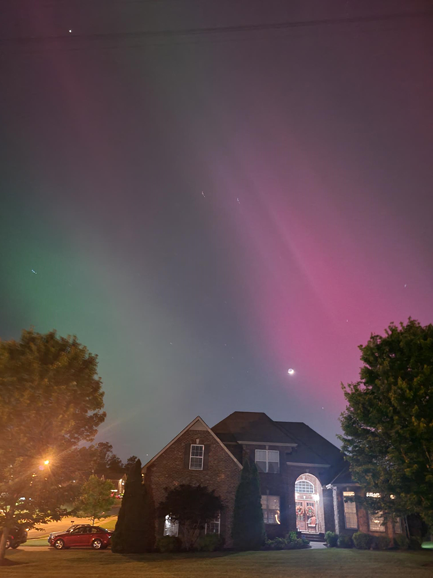 Middle Tennessee State University student Thomas Freeman of Smyrna, Tenn., photographed the Northern lights (Aurora Borealis) near his home in Smyrna earlier this year. Physics and Astronomy professor Chuck Higgins will explain how this rare event for this region is part of his “Solar Max and Space Weather” topic during the 6:30 p.m. Friday, Sept. 6, Star Party in Room 102 of Wiser-Patten Science Hall, an event that’s free and open to the public. (MTSU photo by Thomas Freeman)