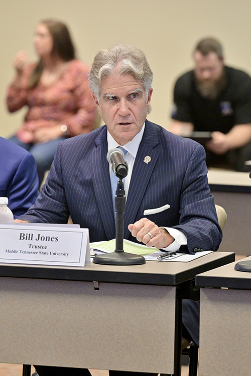 Middle Tennessee State University Trustee Bill Jones, center, gives remarks Tuesday, Sept. 10, during the MTSU Board of Trustees fall quarterly meeting inside the Miller Education Center in Murfreesboro, Tenn. (MTSU photo by J. Intintoli)