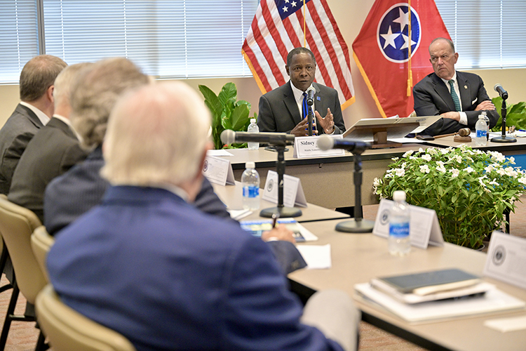 Middle Tennessee State University President Sidney A. McPhee gives remarks Tuesday, Sept. 10, during the MTSU Board of Trustees fall quarterly meeting inside the Miller Education Center in Murfreesboro, Tenn. Looking on at right is Board Chairman Stephen Smith. McPhee reported to trustees that fall enrollment is up 1.7% year over year thanks to increases in new freshmen and transfer student enrollment. (MTSU photo by J. Intintoli)