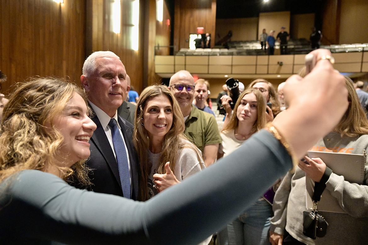 Mike Pence, 48th Vice President of the United States, takes a selfie with attendees at Tucker Theatre on the campus of Middle Tennessee State University in Murfreesboro, Tenn., after speaking to a packed house Tuesday, Sept. 17, as part of the university’s annual Constitution Day observance. (MTSU photo by Andy Heidt)