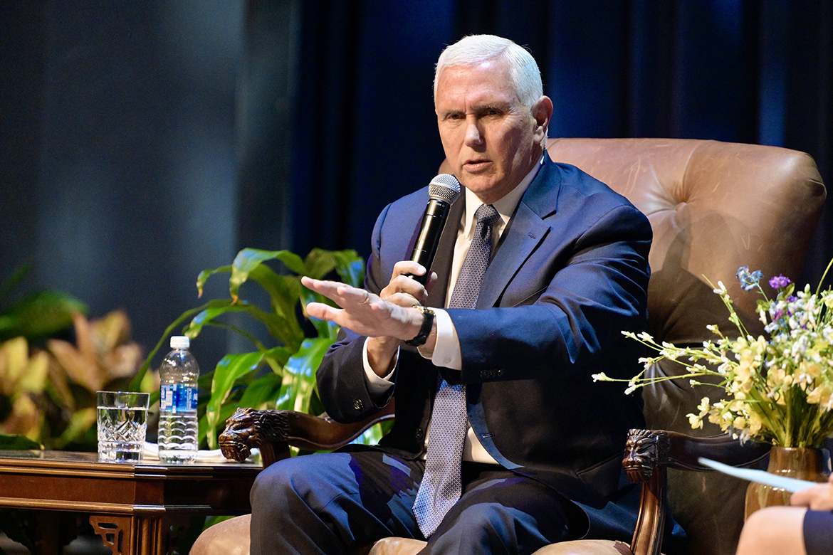 Mike Pence, 48th Vice President of the United States, speaks to a packed house at Middle Tennessee State University’s Tucker Theatre in Murfreesboro, Tenn., on Tuesday, Sept. 17, to round out the university’s annual Constitution Day activities. Pence focused on “Defining Democracy,” in keeping with the university-wide examination of the topic, and was interviewed by history professor Mary Evins, coordinator for MTSU’s American Democracy Project, which hosts the annual observance. (MTSU photo by Andy Heidt)