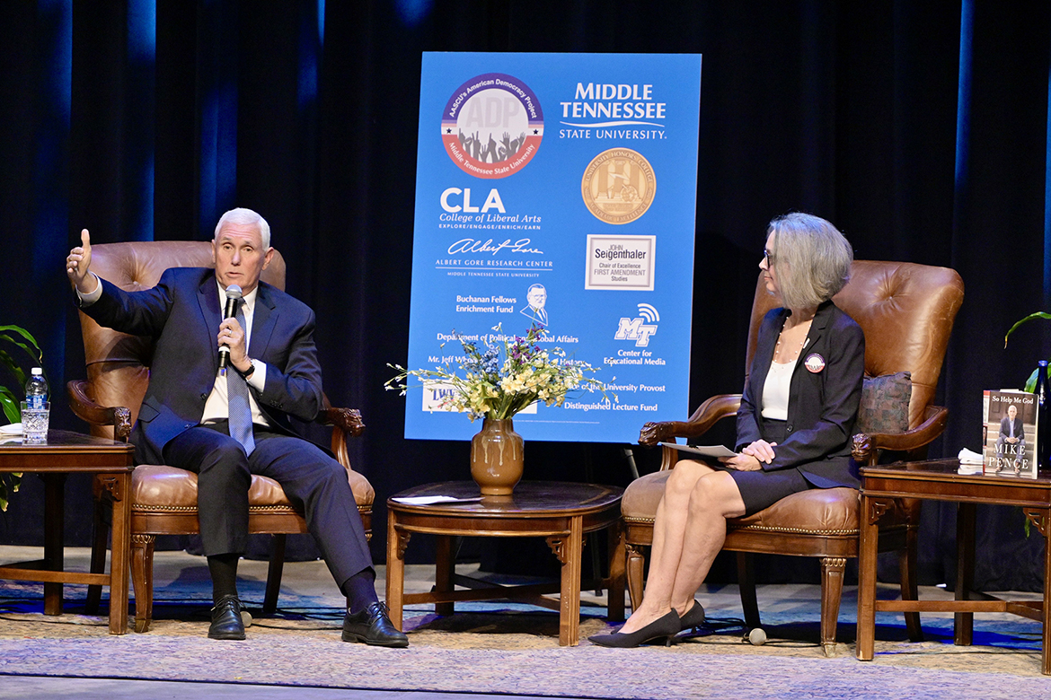 Mike Pence, 48th Vice President of the United States, speaks on Tuesday, Sept. 17, to a packed house at Tucker Theatre on the campus of Middle Tennessee State University in Murfreesboro, Tenn., as part of the university’s annual Constitution Day observance, as history professor and moderator Mary Evins listens. (MTSU photo by Andy Heidt)