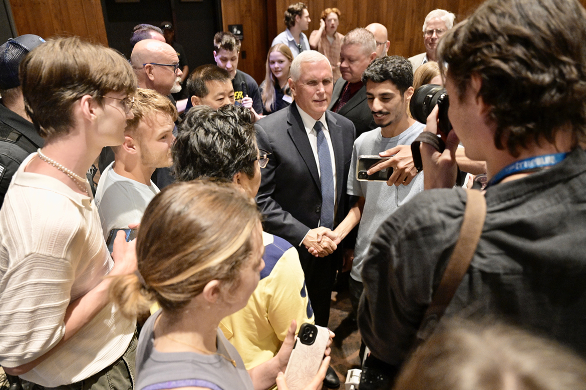 Mike Pence, 48th Vice President of the United States, talks with audience members at Tucker Theatre on the campus of Middle Tennessee State University in Murfreesboro, Tenn., after he spoke to a packed house Tuesday, Sept. 17, as part of the university’s annual Constitution Day observance. (MTSU photo by Andy Heidt)