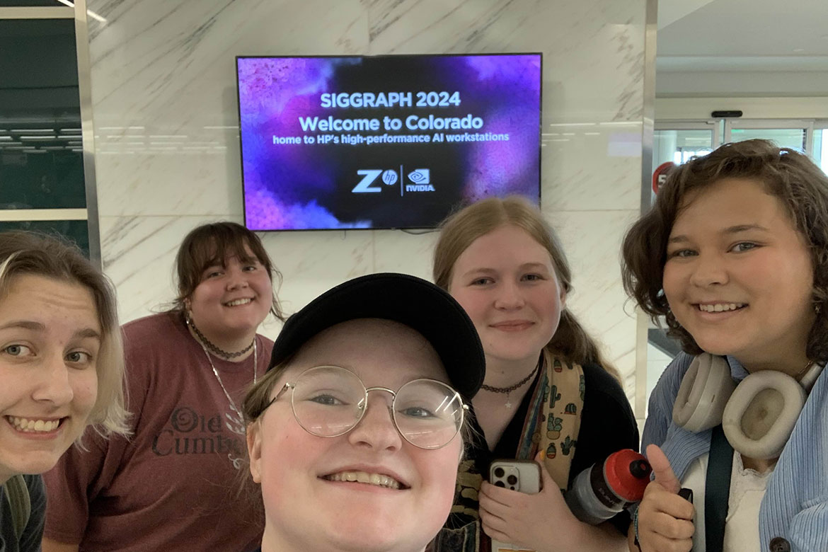 Middle Tennessee State University students Eily Jacobs, Skye Baxter, Lyra Rochat, Isabella Ashley and Mars Alcantar pose for a photo in front of a sign welcoming SIGGRAPH Conference attendees to Denver, Colorado. (Photo submitted)