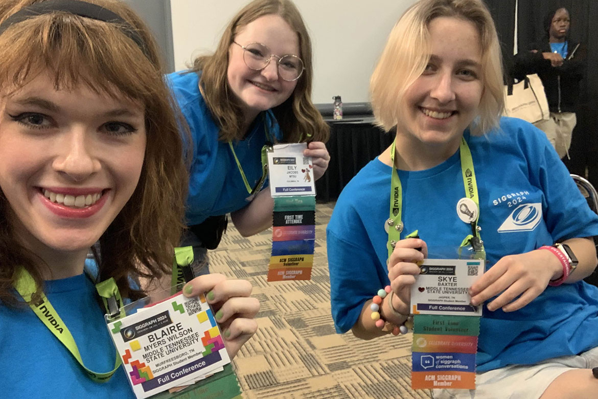 Middle Tennessee State University students, from left to right, Blaire Myers Wilson, Eily Jacobs and Skye Baxter, worked as student volunteers at the annual SIGGRAPH conference held in Denver, Colorado, where they had the opportunity to network and participate in sessions with companies like Pixar and Disney this summer. (Photo submitted)