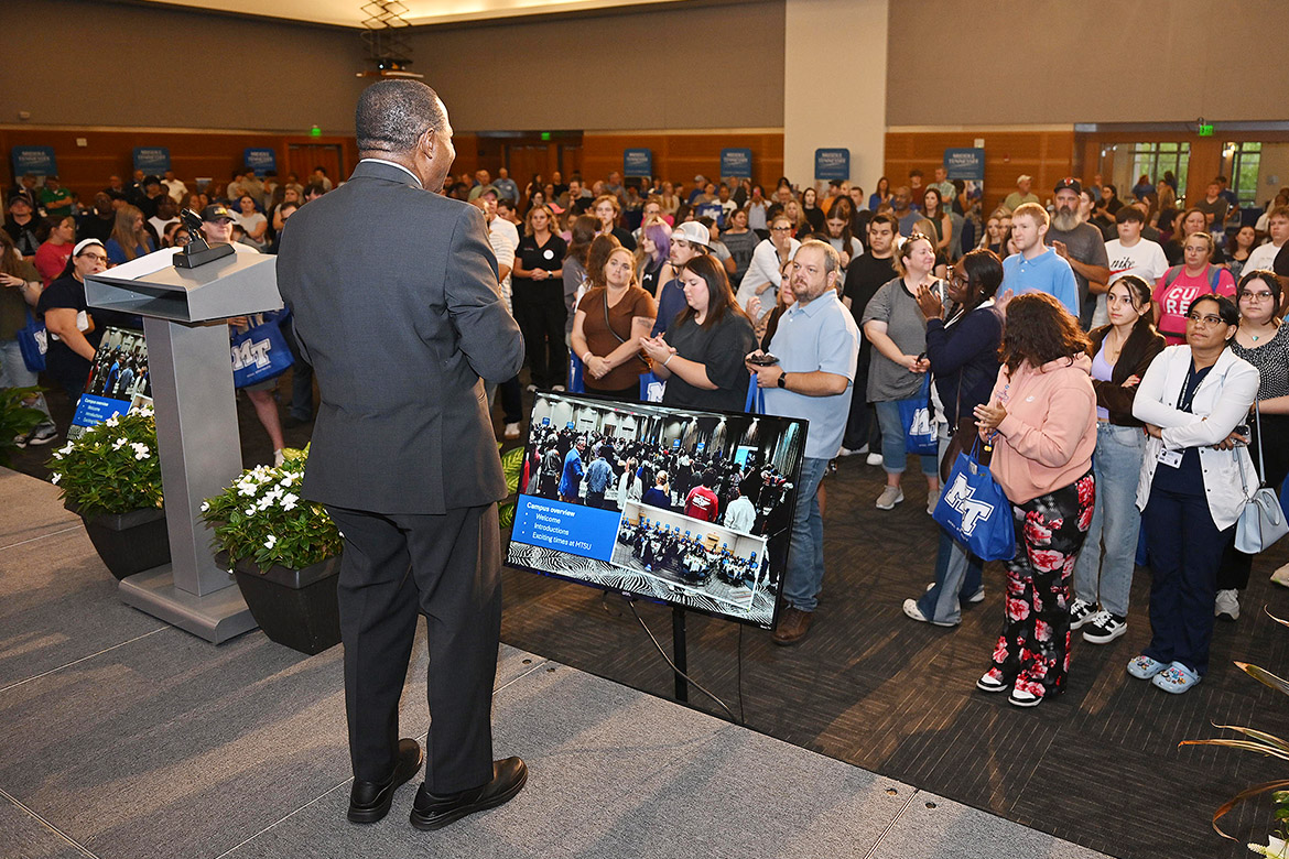 Middle Tennessee State University President Sidney A. McPhee speaks to the audience of prospective students attending the kickoff of the 2024 MTSU True Blue Tour event held Wednesday, Sept. 11, in the Student Union Ballroom on campus in Murfreesboro, Tenn. (MTSU photo by James Cessna)