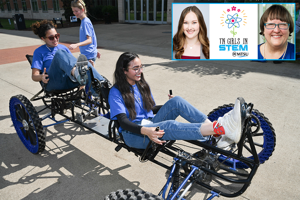 Girls navigate a lunar rover on the sidewalk near the Middle Tennessee State University Science Building on the MTSU campus in Murfreesboro, Tenn., in September 2023, as Lily Hardin of Nashville, Tenn., an MTSU graduate and former graduated student with the Engineering Technology Experimental Vehicles Program, assists. More than 100 middle school and high school girls will be attending this year’s Tennessee Girls in STEM event Saturday, Oct. 19. (MTSU file photo by James Cessna)