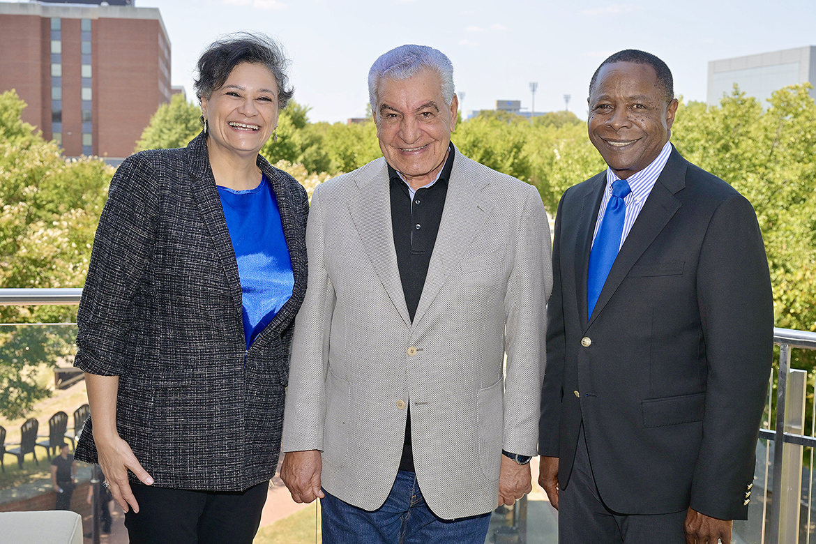 Middle Tennessee State University President Sidney A. McPhee, right, and Rehab Ghazal, associate vice provost in the Office of International Affairs, stand with Zahi Hawass, former Minister of State for Antiquities Affairs in Egypt, on the balcony of the Student Union Building following a luncheon welcoming 18 Egyptian students from American University in Cairo who are studying this fall at MTSU in Murfreesboro, Tenn., as part of the U.S. Agency for International Development, or USAID, Scholars Activity Program. (Submitted photo)