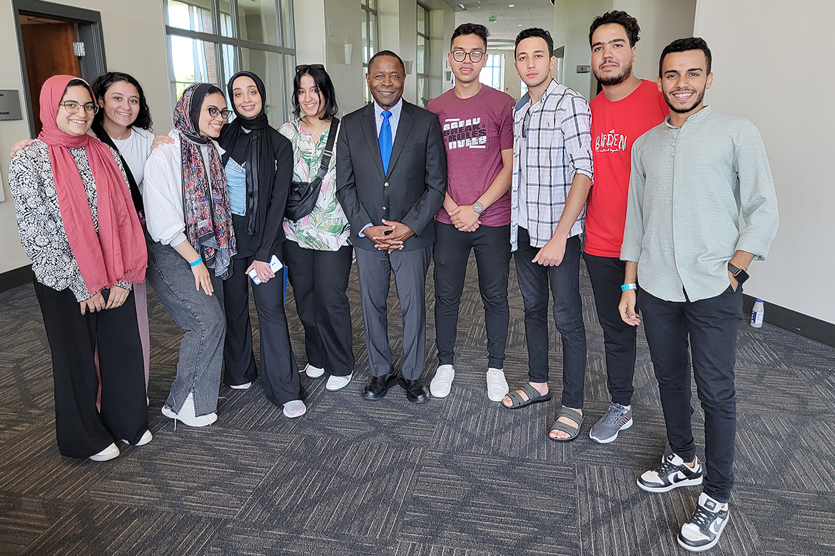 Pictured inside the Student Union Building on the Middle Tennessee State University campus in Murfreesboro, Tenn., MTSU President Sidney A. McPhee, center, stands with some of the 18 Egyptian students from American University in Cairo who are studying at MTSU this fall as part of the U.S. Agency for International Development, or USAID, Scholars Activity Program. The program supports high-achieving high school students from underrepresented backgrounds as they migrate into higher education, giving them the opportunity to spend one semester as exchange students in the United States once they become college seniors. (Submitted photo)