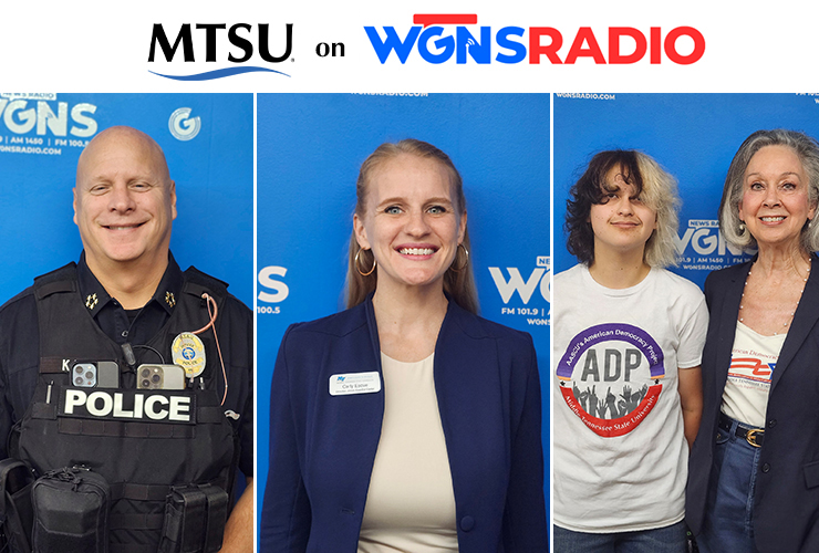 Middle Tennessee State University representatives appeared on WGNS Radio recently to share information about university programs and events. Guests for the Sept. 16 program included, from left, MTSU Police Chief Edwin “Ed” Kaup; Carly Escue, director of Executive Education; and Dante Buttrey, American Democracy Project MTSU chapter president and political science major, and Dr. Mary Evins, Honors history research professor and ADP coordinator. (MTSU photos and illustration by Jimmy Hart)