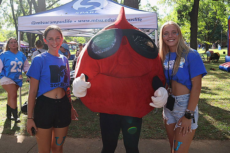 Middle Tennessee State University students pose with American Red Cross mascot Buddy Blood Drop to promote the “100 Miles of Hope” blood drive competition between MTSU and Western Kentucky University at the tailgate in Walnut Grove before the MTSU-Tennessee Tech football game on Saturday, Aug. 31, in Murfreesboro, Tenn. (Photo submitted by Zane Johnson)