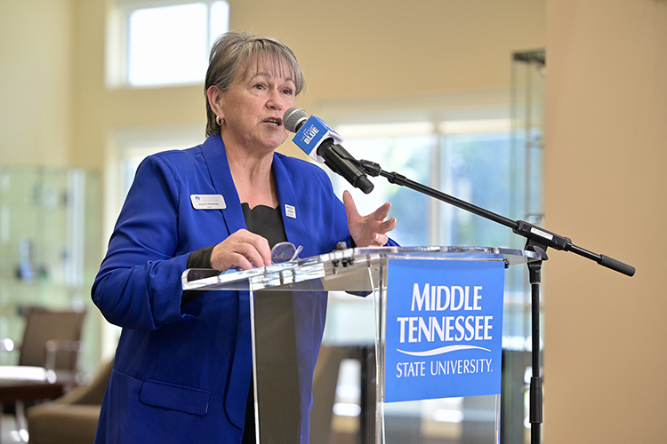 Joyce Heames, dean of the Jones College of Business at Middle Tennessee State University, discusses the 2024 MTSU Alumni Impact Report crafted by the college’s Business and Economic Research Center on Monday, Oct. 7, at the Rutherford County Chamber of Commerce in Murfreesboro, Tenn. The report shows university alums and alumni-owned businesses generated more than $15 billion in revenue throughout the state over the course of a year. (MTSU photo by Andy Heidt)