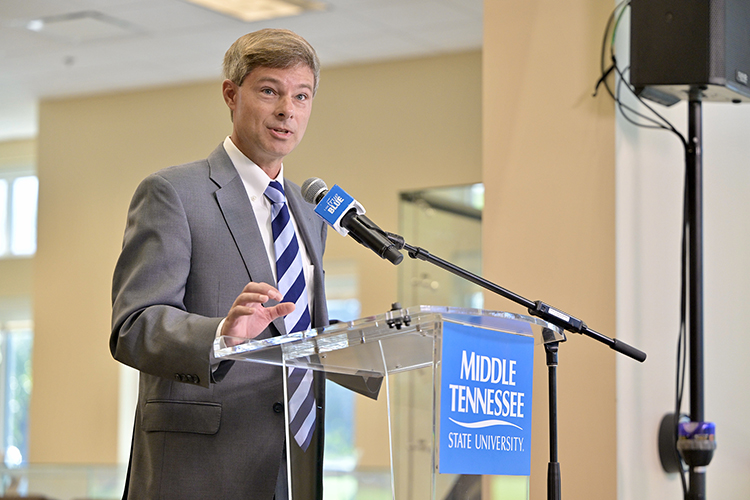 State Rep. Charlie Baum, an economics and finance professor in the Jones College of Business at Middle Tennessee State University, discusses the university’s tremendous return on investment during the unveiling of the 2024 MTSU Alumni Impact Report Monday, Oct. 7, at the Rutherford County Chamber of Commerce in Murfreesboro, Tenn. The report shows university alums and alumni-owned businesses generated more than $15 billion in revenue throughout the state over the course of a year. (MTSU photo by Andy Heidt)