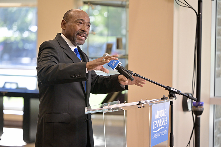 Middle Tennessee State University alumnus Ronald Roberts, managing partner at global marketing agency Finn Partners, shares how his time at MTSU shaped his professional success during the unveiling of the 2024 MTSU Alumni Impact Report Monday, Oct. 7, at the Rutherford County Chamber of Commerce in Murfreesboro, Tenn. The report shows university alums and alumni-owned businesses generated more than $15 billion in revenue throughout the state over the course of a year. (MTSU photo by Andy Heidt)