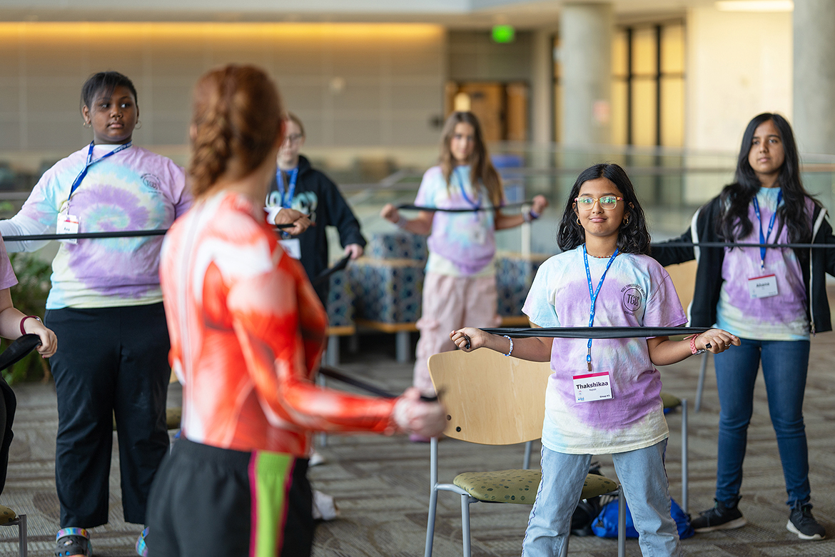 Instructor Jen Massie, a physical therapist with Results Physiotherapy at Kensington Place in Murfreesboro, Tenn., leads a group in a session called “Moving & Grooving” during the 28th annual Tennessee Girls in STEM Conference Saturday, Oct. 19, Middle Tennessee State University in Murfreesboro. The conference features many hand-on STEM — science, technology, engineering and math — activities. (MTSU photo by Cat Curtis Murphy)