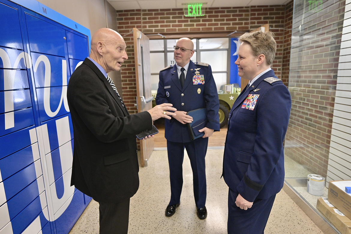 Maj. Gen. Regena Aye, right, Civil Air Patrol’s national commander, and Col. Jeff Garrett, center, commander of CAP’s Southeast Region, speak with retired Army Lt. Gen. Keith Huber, MTSU’s senior adviser for veterans and leadership initiatives, about the Charlie and Hazel Daniels Veterans and Military Center during Aye’s visit to MTSU’s campus in Murfreesboro, Tenn. (MTSU photo by Andy Heidt)