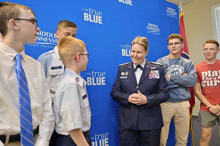 Maj. Gen. Regena Aye, center, Civil Air Patrol’s national commander, chats with youth and MTSU students who serve as cadets in nearby CAP squadrons during Aye’s visit to MTSU’s campus in Murfreesboro, Tenn. (MTSU photo by Andy Heidt)