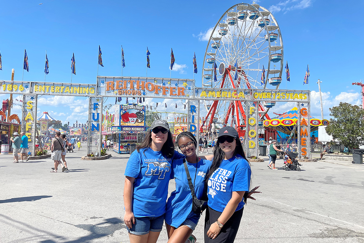 Public health students from Middle Tennessee State University in Murfreesboro, Tenn., from left, Anakarina Lorenzana-DeWitt, Xaviera Gladden and .Pragya collected data from the public at the Wilson County Fair-Tennessee State Fair in Lebanon, Tenn., in August to ask about their thoughts and perceptions regarding individuals who struggle with addiction. (Submitted photo)