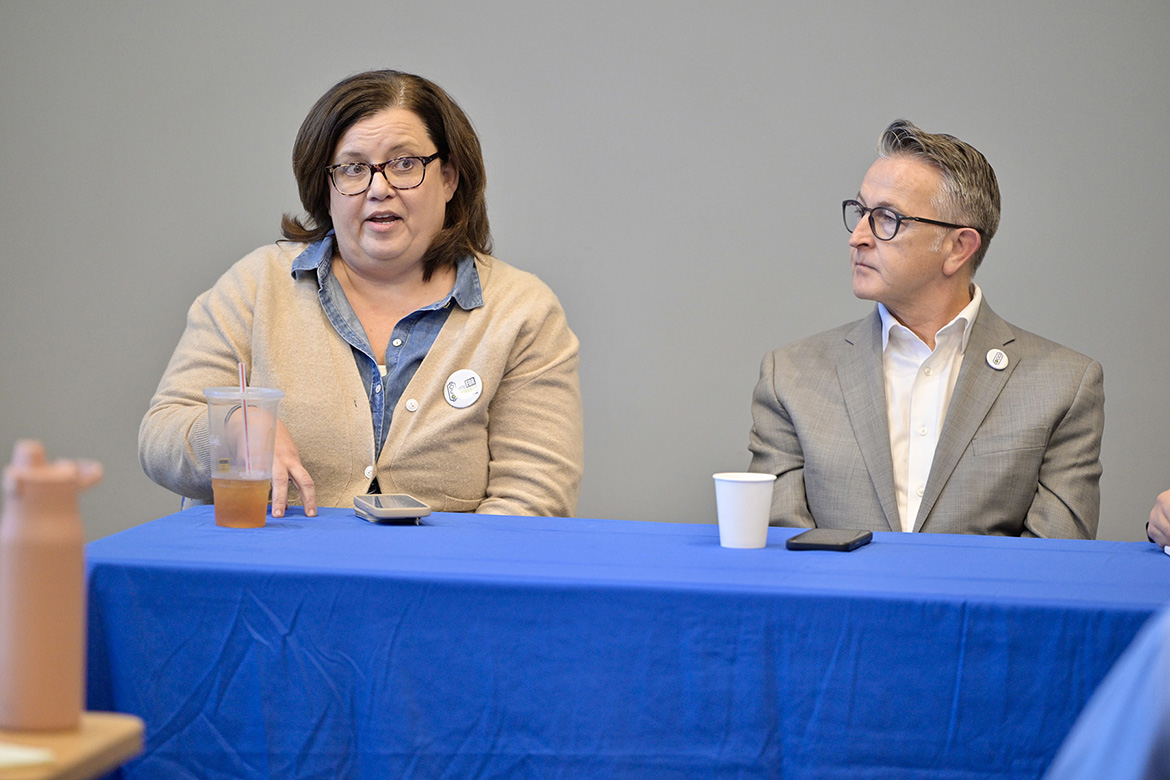 Shelly Hazle, left, vice president of regional policy at the Nashville Area Chamber of Commerce and senior policy advisor at the Greater Nashville Regional Council, shares her insights about sustainability, mobility and livability during an Oct. 25 panel discussion at the MTSU School of Concrete and Construction Management Building in Murfreesboro, Tenn. The panel was hosted by the Middle Tennessee State University Jennings and Rebecca Jones Chair of Excellence in Urban and Regional Planning Scholars Program. (MTSU photo by Andy Heidt)