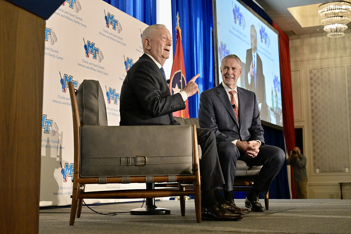 Retired U.S. Marine Corps four-star Gen. Jim Mattis, left, makes a point during a conversation with Bill Frist, former U.S. senator, senate majority leader and heart surgeon from Nashville, Tenn., at the Hutton Hotel in Nashville during a breakfast fundraiser for the Middle Tennessee State University Charlie and Hazel Daniels Veterans and Military Family Center. The event raised more than $400,000, organizers said. (MTSU photo by Andy Heidt)