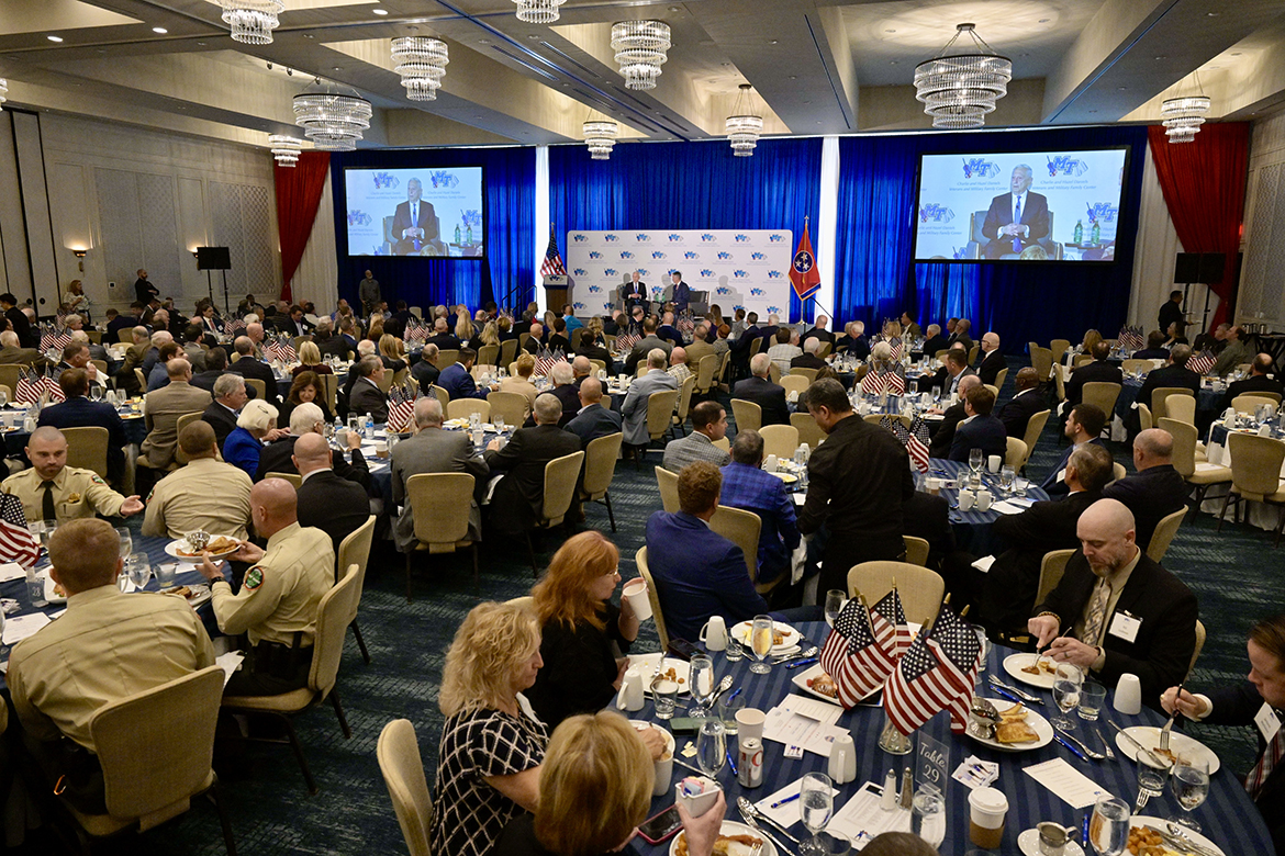 An audience of nearly 300 people came to hear retired U.S. Marine Corps four-star Gen. Jim Mattis be in conversation with Bill Frist, former U.S. senator and heart surgeon, during a Thursday, Oct. 10, fundraising breakfast at the Hutton Hotel in Nashville, Tenn., to benefit the Middle Tennessee State University Charlie and Hazel Daniels Veterans and Military Family Center. (MTSU photo by Andy Heidt)