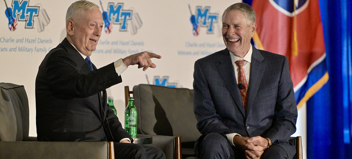 In conversation with Bill Frist, right, former U.S. senator and heart surgeon from Nashville, Tenn., retired U.S. Marine Corps four-star Gen. Jim Mattis joins Frist in laughing about a comment made during a Thursday, Oct. 10, fundraising breakfast at the Hutton Hotel in Nashville to benefit the Middle Tennessee State University Charlie and Hazel Daniels Veterans and Military Family Center, located on the MTSU campus in Murfreesboro. (MTSU photo by Andy Heidt)