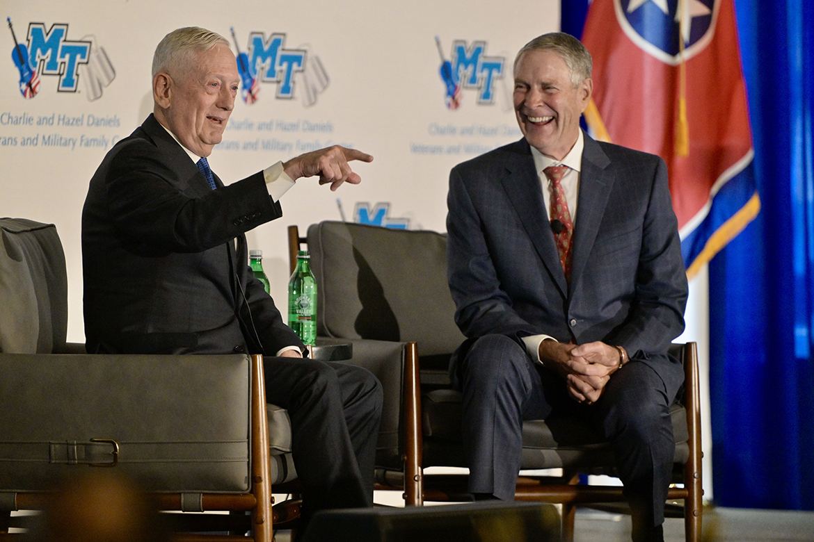 In conversation with Bill Frist, right, former U.S. senator and heart surgeon from Nashville, Tenn., retired U.S. Marine Corps four-star Gen. Jim Mattis joins Frist in laughing about a comment made during a Thursday, Oct. 10, fundraising breakfast at the Hutton Hotel in Nashville to benefit the Middle Tennessee State University Charlie and Hazel Daniels Veterans and Military Family Center, located on the MTSU campus in Murfreesboro. (MTSU photo by Andy Heidt)