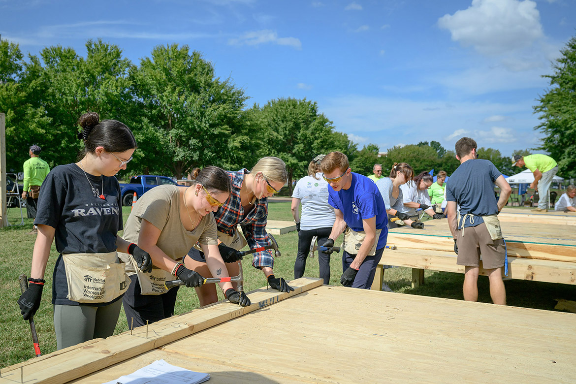 Middle Tennessee State University students build parts of a house for the annual Habitat for Humanity panel build on Thursday, Oct. 3, in the Student Union Commons in Murfreesboro, Tenn. (MTSU photo by J. Intintoli)