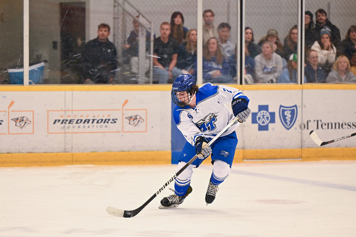 Middle Tennessee State University’s Matthew Knights, a sophomore from Knoxville, Tenn., and winger for MTSU’s ice hockey team, moves down the ice at the first home game of the season on Sept. 27 against the University of Alabama-Birmingham at the Ford Ice Center in Antioch, Tenn. (MTSU photo by James Cessna)