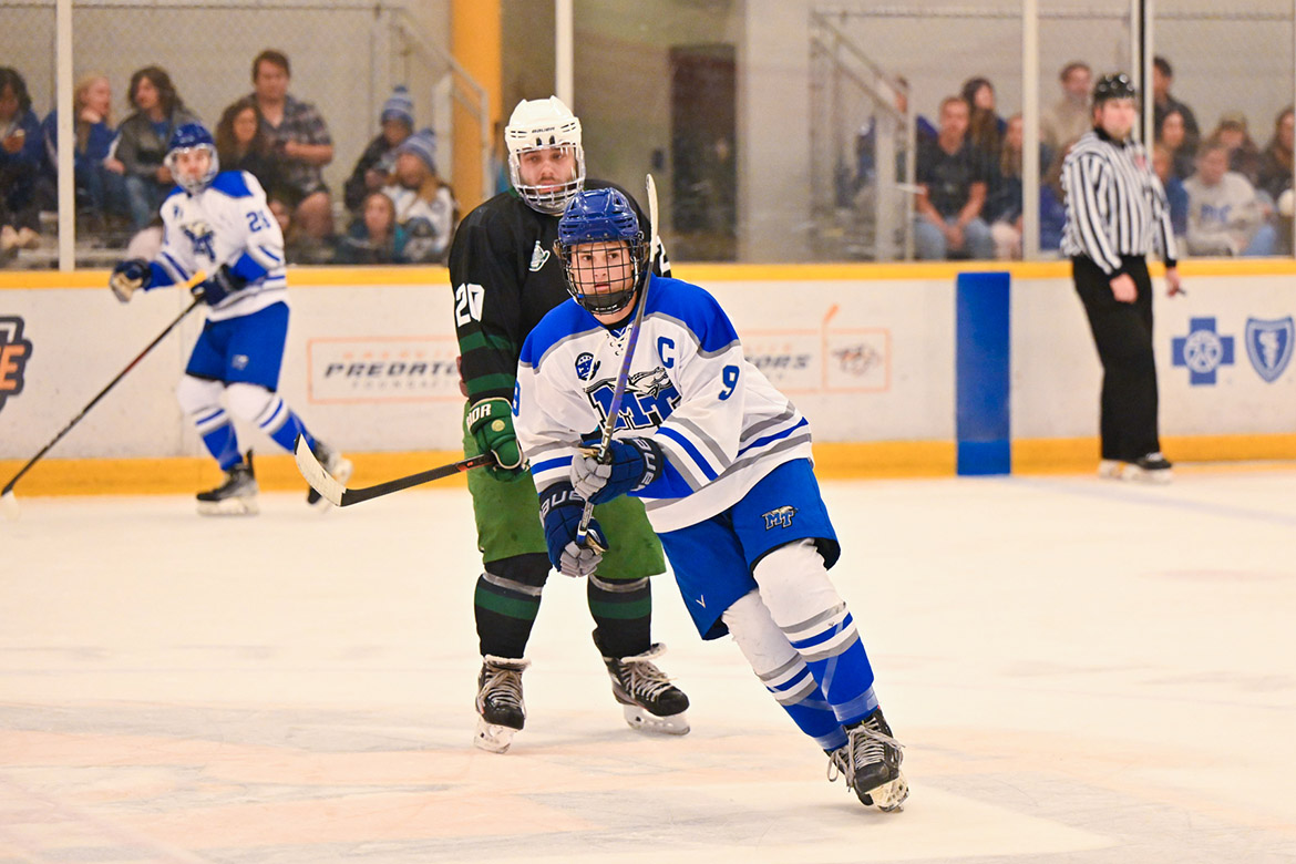 Middle Tennessee State University’s Linden Palmer, a senior from Lebanon, Tenn., and MTSU ice hockey team captain, president and winger, moves into position at the first home game against the University of Alabama in Birmingham on Sept. 27 at the Ford Ice Center in Antioch, Tenn. (MTSU photo by James Cessna)