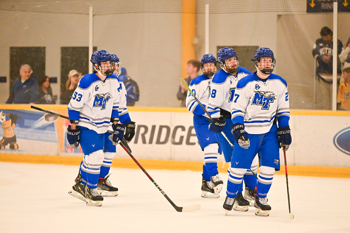 Middle Tennessee State University’s ice hockey players take the ice at the first home game against the University of Alabama-Birmingham on Sept. 27 at the Ford Ice Center in Antioch, Tenn. (MTSU photo by James Cessna)