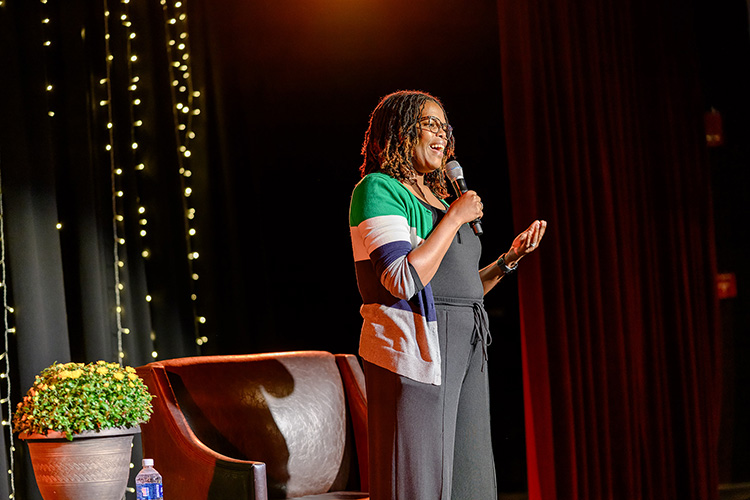 Danielle Rochelle, director of Intercultural and Diversity Affairs at Middle Tennessee State University, addresses the crowd attending “A Conversation on Resilience and Perseverance” featuring motivational speaker, consultant and author Isaac Ford Jr. His appearance was held Oct. 9 in the Keathley University Theater on campus in Murfreesboro, Tenn. (MTSU photo by Cat Curtis Murphy)