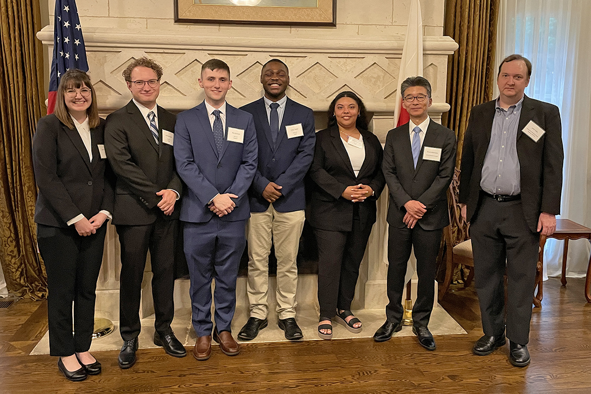 Five Middle Tennessee State University alums will soon begin their yearlong adventure teaching in Japan as part of the Japanese Exchange and Teaching, or JET, Program. Pictured, from left, are JET scholars Jaymee Freeze, Andrew Wolff, William Birdwell, Colby Taylor and Brionna Harbach, Nashville’s Japanese Consul-General Shinji Watanabe, and John Gale, media consultant for the Japanese consulate in Nashville and an MTSU alumnus. (Submitted image)