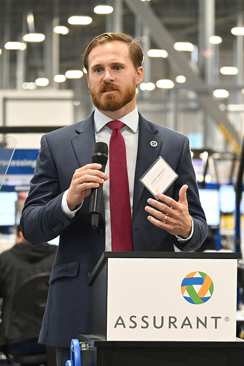 Stuart McWhorter, commissioner for the Tennessee Department of Economic and Community Development, addresses the crowd during Assurant’s grand opening and ribbon-cutting held Oct. 10 at its Mt. Juliet, Tenn., facility. The new location is double the size of the previous location in La Vergne, Tenn., and will be a key hub for Assurant’s Device Lifecyle Solutions business. (MTSU photo by Jimmy Hart)