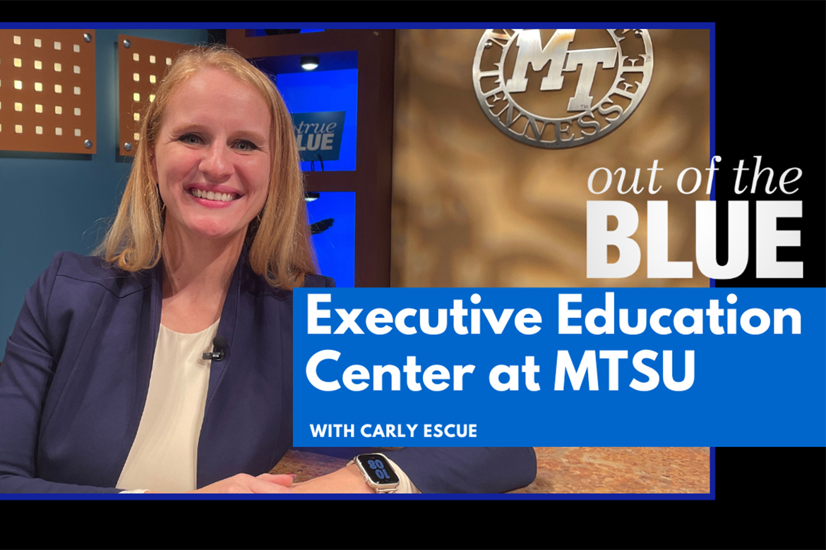 Carly Escue, new director of Middle Tennessee State University’s Executive Education Center, appeared on the October 2024 edition of MTSU’s “Out of the Blue” television magazine program. (MTSU photo illustration by Joe Poe)