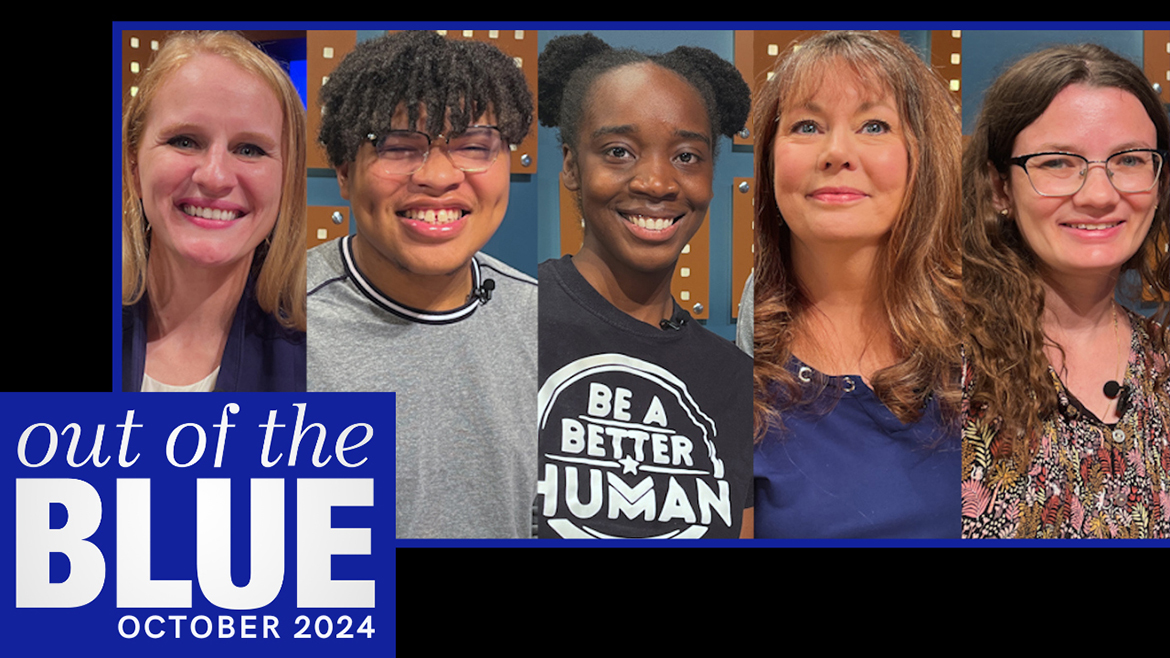 The October edition of Middle Tennessee State University’s “Out of the Blue” television magazine program featured the following guests, from left in order of appearance, Carly Escue, director of the Center for Executive Education; students Keston Jones and Azzie Dennison with the Urban Entertainment Society; and Dr. Aimee Holt, associate professor of psychology, and Dr. Madeline Berkowitz, assistant professor of psychology. (MTSU photo illustration by Joe Poe)