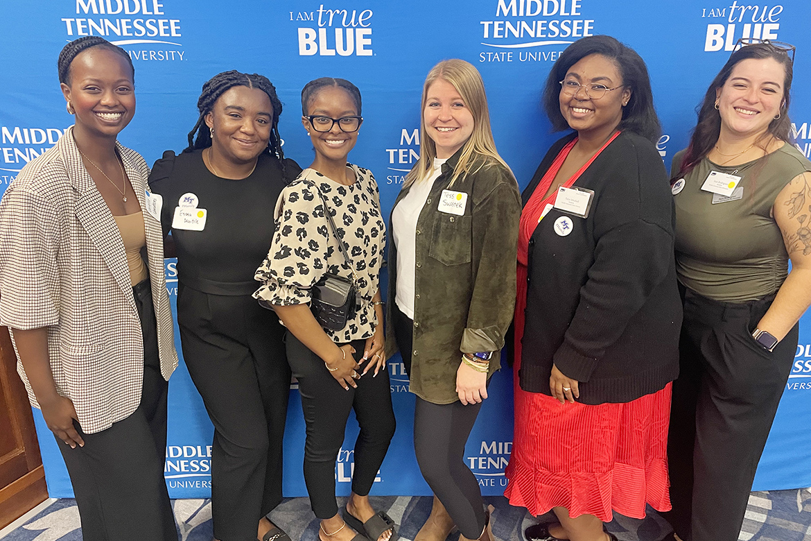 Alumni, students and staff in the Public Health Program at Middle Tennessee State University in Murfreesboro, Tenn., attend the second annual “PHamily Dinner Reception” and awards ceremony held Oct. 9 at the MT Center on campus. Pictured, from left, are Urielle Umutoni, Esosa Osaitile, Xaviera Gladden, Tess Swastek, Taiya Mitchell and Sara Rodriguez Molina. (Submitted photo)