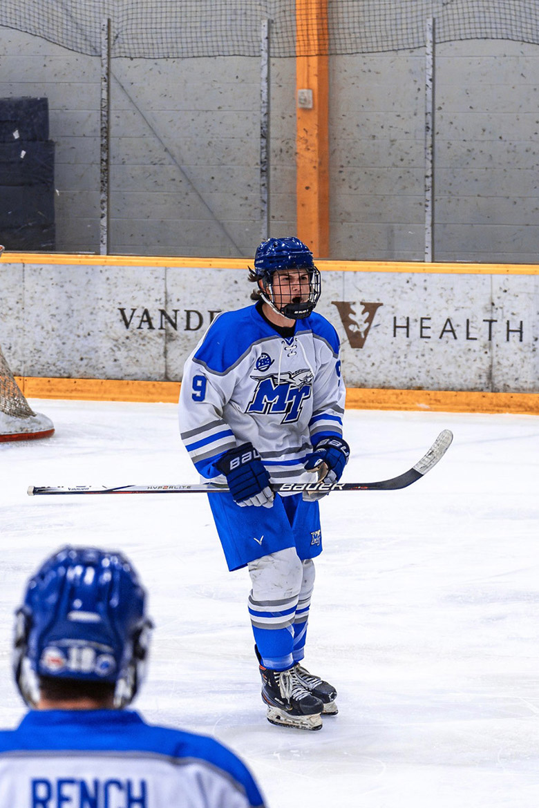 Middle Tennessee State University’s Linden Palmer, a senior from Lebanon, Tenn., and MTSU ice hockey team captain, president and winger, lets out a scream during a game last season. (Photo submitted)