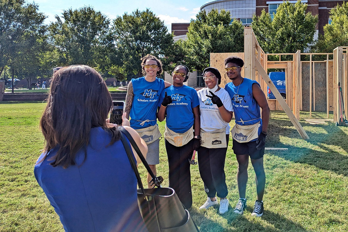 Middle Tennessee State University Scholars Academy students pose for a photo at the annual Habitat for Humanity panel build on Thursday, Oct. 3, in the Student Union Commons in Murfreesboro, Tenn. (Photo courtesy of Rutherford County Area Habitat for Humanity)