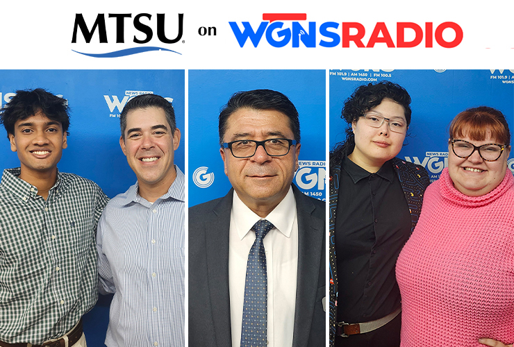 Middle Tennessee State University representatives appeared on the Oct. 21 “Action Line” program on WGNS-FM Radio. Pictured, from left, at the station’s studio in downtown Murfreesboro, Tenn., are Nikhil Yelemali, a freshman in the Medical School Early Acceptance Program, and Eric Miller, advising manager of the Pre-Professional Health Science Advising Center; Dr. Murat Arik, director of the Business and Economic Research Center; and MTSU media management student Kia Dowen, chapter president of the Gold Key International Honor Society; and Miura Rempis-Locke, coordinator for Student Engagement and Programming in the MTSU Honors College. (MTSU photo illustration by Jimmy Hart)