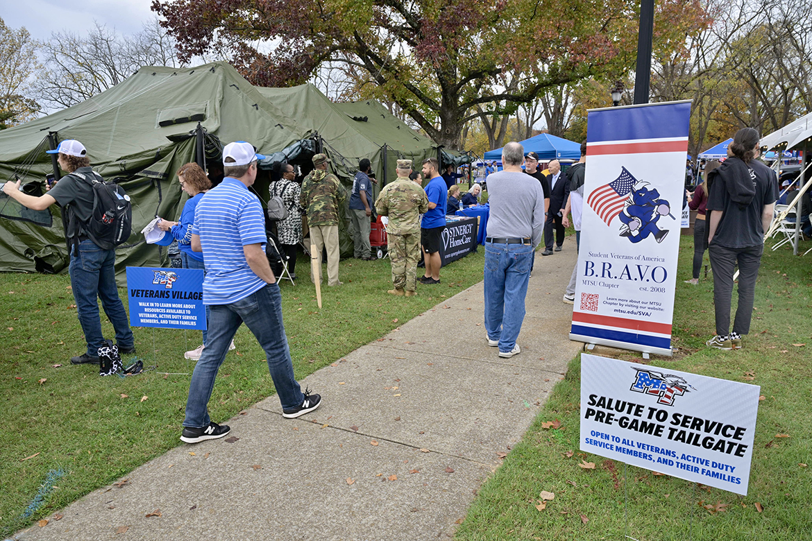 The 42nd annual Middle Tennessee State University Salute to Veterans and Armed Forces pregame activities in Walnut Grove included Vet Village, the Salute to Service picnic and tailgate, Raider Walk, Party in the Grove and more Saturday, Nov. 9, on the MTSU campus in Murfreesboro, Tenn. (MTSU photo by Andy Heidt)
