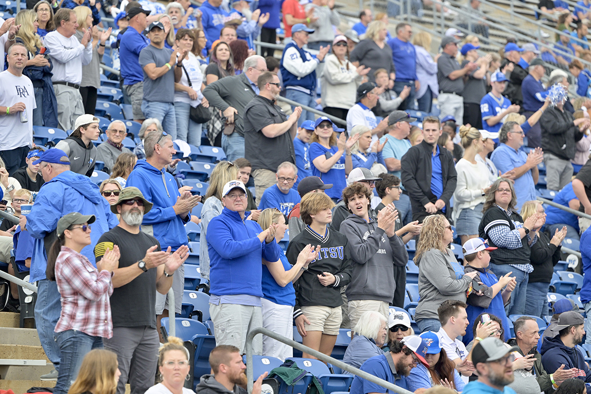 Blue Raider football fans, including many veterans, alumni and students, cheer during the 42nd annual Middle Tennessee State University Salute to Veterans and Armed Forces game won by Conference USA rival Liberty University, 37-17, in Floyd Stadium on the MTSU campus in Murfreesboro, Tenn., on Saturday, Nov. 9. (MTSU photo by Andy Heidt)