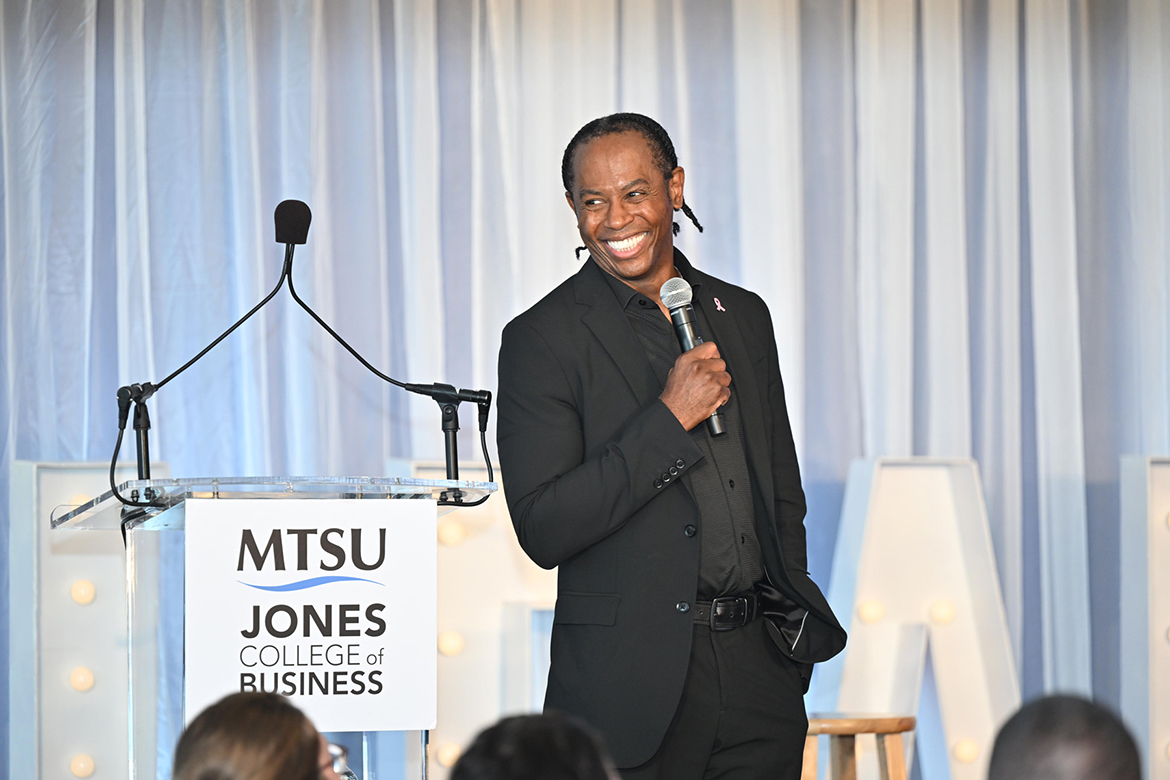 Internationally known educator, author and keynote speaker Adolph “Doc” Brown flashes his trademark smile during his leadership “master class” during Middle Tennessee State University’s 2024 Leadership Summit hosted Oct. 25 by the Jones College of Business at the Stones River Country Club in Murfreesboro, Tenn. (MTSU photo by James Cessna)