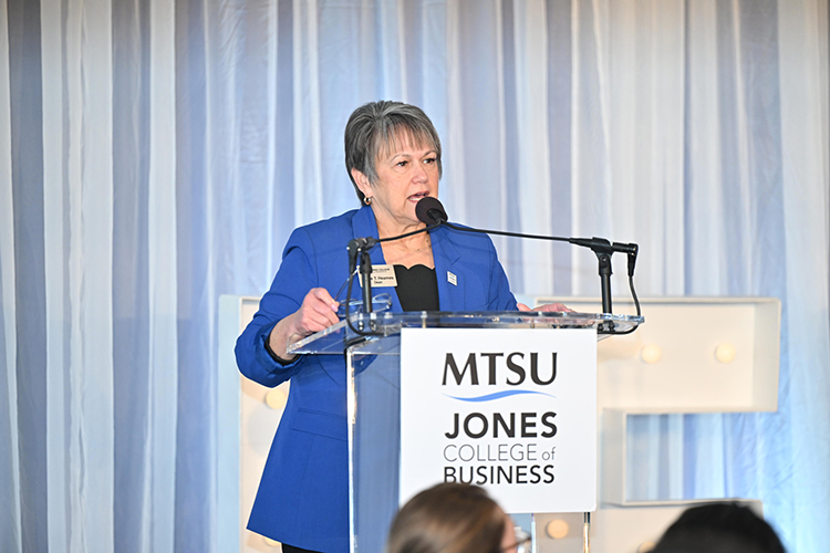 Joyce Heames, dean of Middle Tennessee State University’s Jennings A. Jones College of Business, recognizes the colleges leadership award recipients at the beginning of the 2024 Leadership Summit hosted Oct. 25 by the Jones College of Business at the Stones River Country Club in Murfreesboro, Tenn. (MTSU photo by James Cessna)