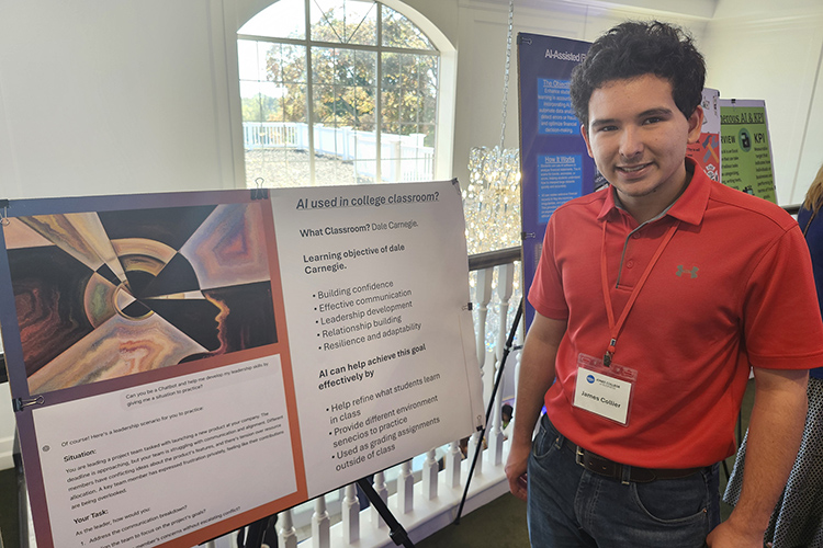 Middle Tennessee State business administration major James Collier of Smyrna, Tenn., stands next to his team’s posterboard project about artificial intelligence that was on display along with other student team projects at the 2024 Leadership Summit hosted Oct. 25 by the Jones College of Business at the Stones River Country Club in Murfreesboro, Tenn. (Jimmy Hart)