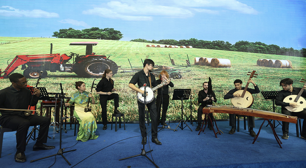 Performing traditional American folk music in China are Middle Tennessee State University Chinese Music Ensemble members, from left, Shane Spurgeon, Christina Vongsiharath, William Sprayberry, Emory Gaskill, Jacob Capistrant, Alex Strader, Jarran Armstrong and Alex Moreno. (Submitted photo)